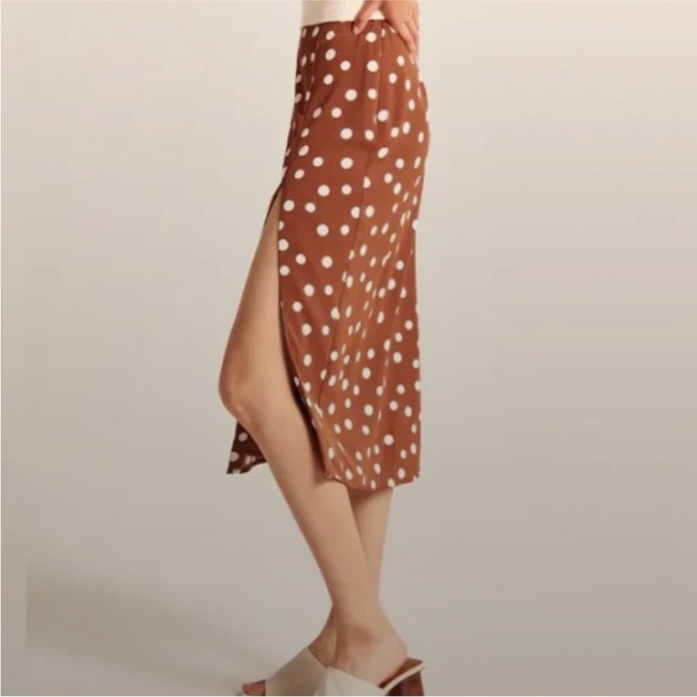 NWOT A&F Brown & White Polka Dot Midi Skirt with Slit - Picture 3 of 5